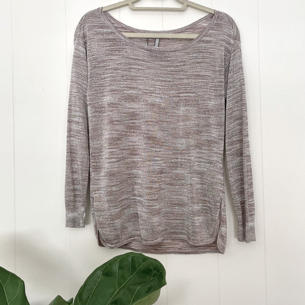 Guess | Long Sleeve Boat Neck Neutral Shimmer Top (S)